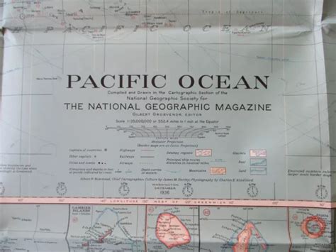 Pacific Ocean Vintage 1936 Wall Map National Geographic Pre Wwii