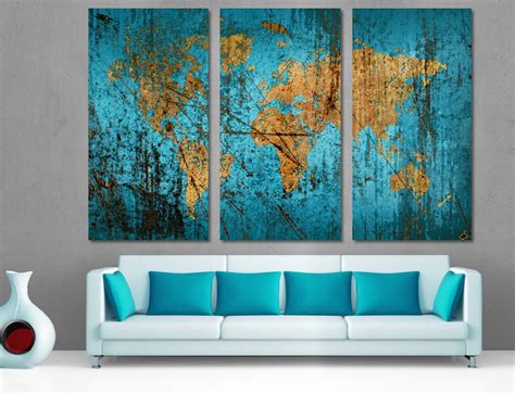 3 Panel Split Light Blue Color Art World Map Canvas Print 15 Deep