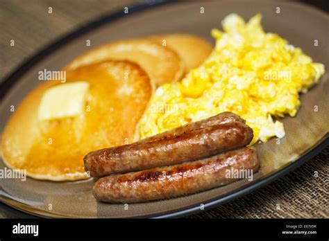 Eggs Pancakes Sausages Breakfast Stock Photo Royalty Free Image