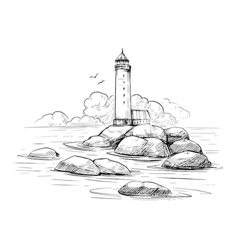 Premium Vector Seascape Sketch Lighthouse Sea Rocks Hand Drawn