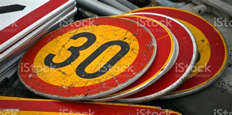 Speed Limit Sign Yellowred Speed Limit Signage Number 30 Stock Photo