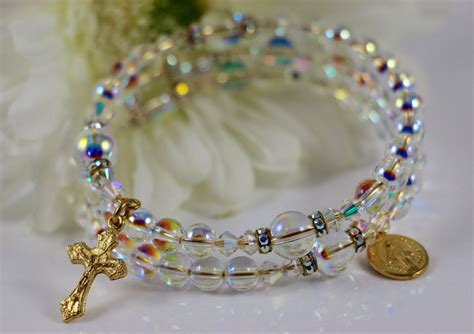 Wrap Rosary Bracelet In Swarovski Ab Globe Crystal And Gold