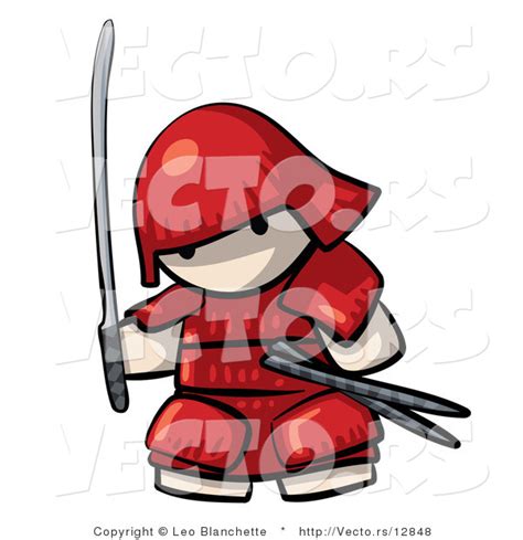 Vector Of Cartoon Japanese Warrior Armed With Sword While Wearing Red