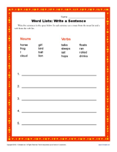 Word Lists: Write a Sentence | Sentence Structure Worksheets