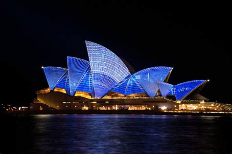 Sydney Opera House Lighted Up At Night In New South Wales Australia