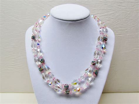 Vintage Crystal Bead Necklace 2 Strands Pink And Ab Crystal Etsy
