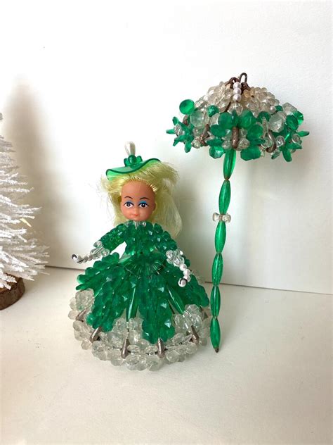 Vintage Safety Pin Doll Beaded Doll Wparasol Green And White Etsy