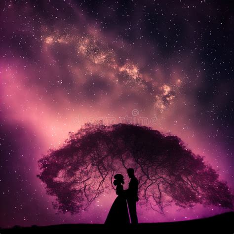 Silhouette Of A Romantic Couple Embracing Against The Starry Night Sky