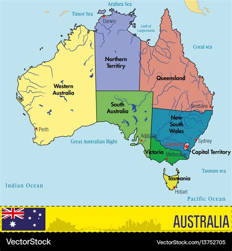 Australia Map With Regions And Their Capitals Vector Image