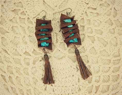 Leather And Turquoise Tassel Earrings Dangle Earrings