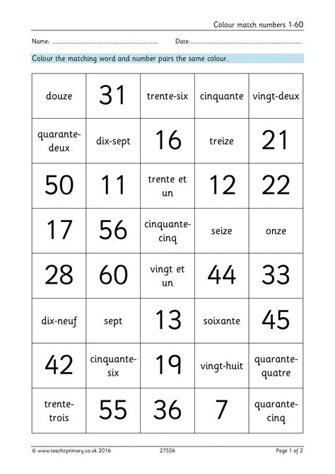 Colour Match Numbers 1 60 French Numbers Words Numbers