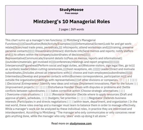 Mintzbergs Managerial Roles Free Essay Example