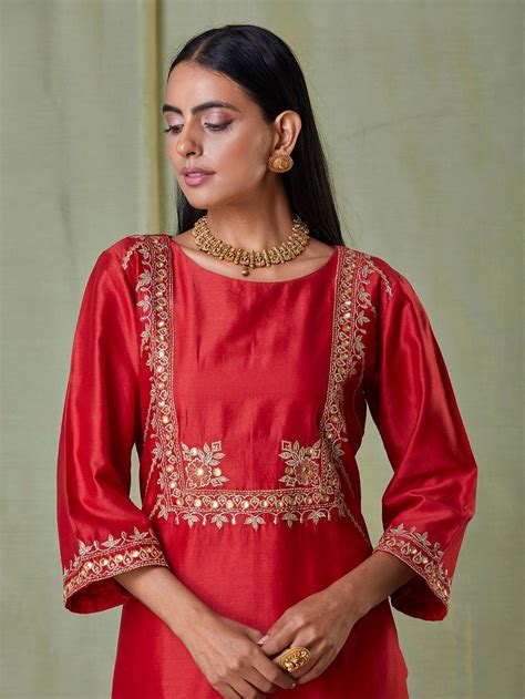 Buy Red Embroidered Chanderi Silk Suit With Tissue Organza Scalloped