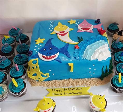 Baby Shark Cake And Cupcakes Shark Birthday Cakes Kids Water Party