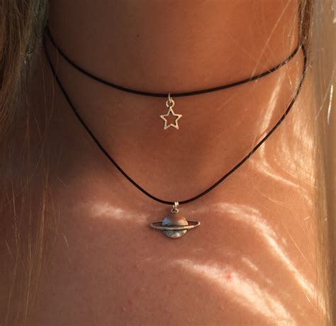 Double Choker Necklace Silver Star And Planet Charms 90s