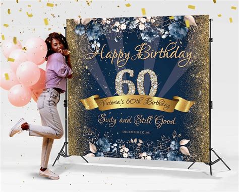 Birthday 60th Backdrop For Photography Personalized Navy Blue Etsy