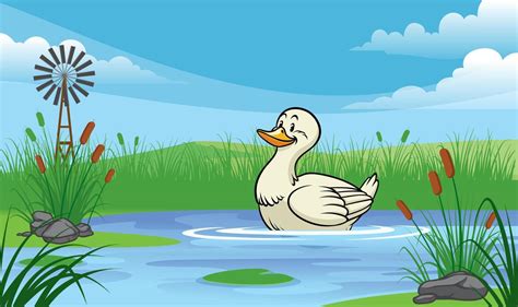 Duck In The Pond With Cartoon Style Vector Art At Vecteezy