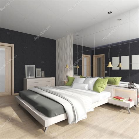 Modern Interior Of A Bedroom With A Mirror On The Wall — Stock Photo