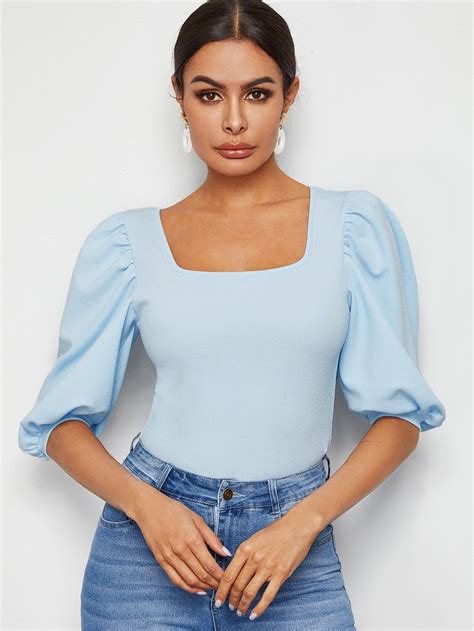 Ad Square Neck Puff Sleeve Top Tags Elegant Bluepastel Plain