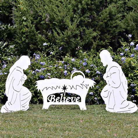 A simple outdoor nativity set is nice to have in your yard. Believe Holy Family Outdoor Nativity Set