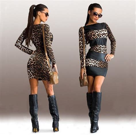 Women Dress Sexy Leopard Print Long Sleeve Leather Splice Short Mini