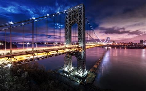 Nature Landscape Mist Bridge Lights New York City Night River