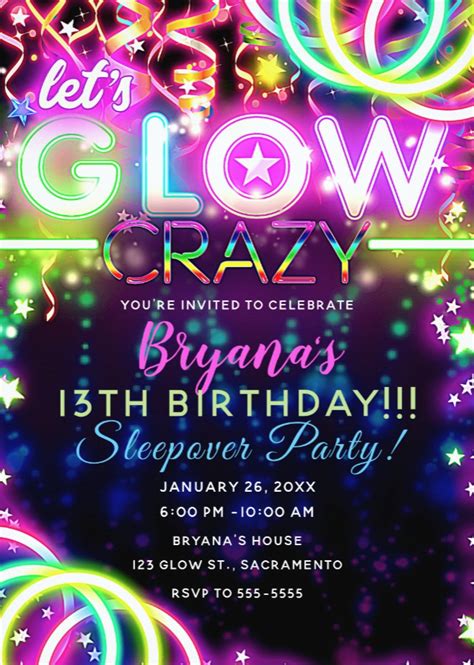 Lets Glow Crazy Neon Colorful Birthday Party Invitation