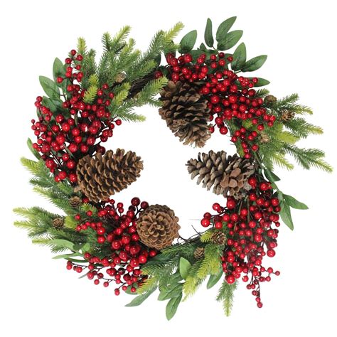 22 Artificial Pine Cone Red Berry And Pine Sprig Christmas Wreath