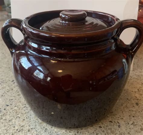 Vintage Stoneware Bean Crock Pot W Double Handles Lid Brown Usa