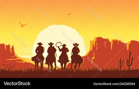 Cowboys Riding Horses At Sunset Prairie Royalty Free Vector