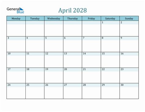 April 2028 Monthly Calendar Template Monday Start