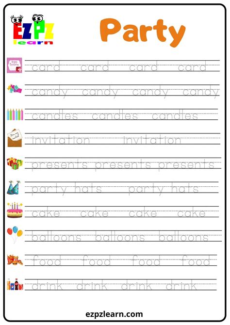Party Word Tracing Worksheet