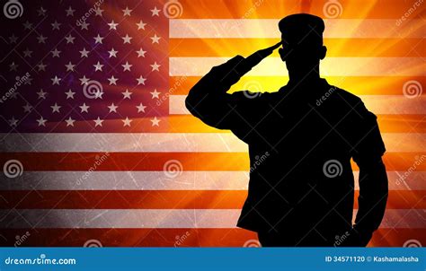 Proud Saluting Male Army Soldier On American Flag Background Stock