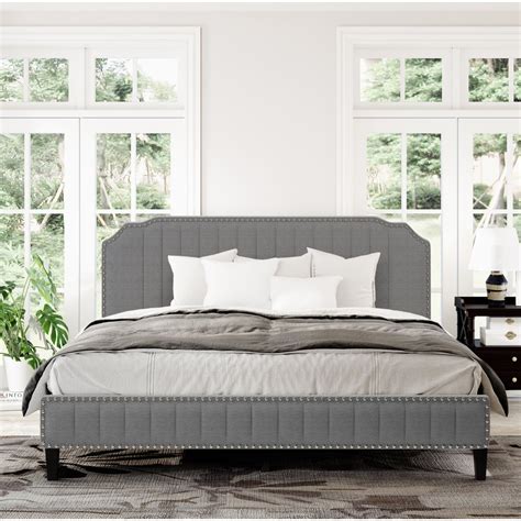 Gray Upholstered Platform Bed King Size Bed Frame With Solid Wooden