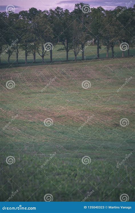 Empty Countryside Landscape In Autumn With Fields And Meadows And Rare