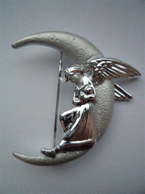 vintage signed danecraft silver pewter angel on half moon brooch pin vintage signs pewter silver
