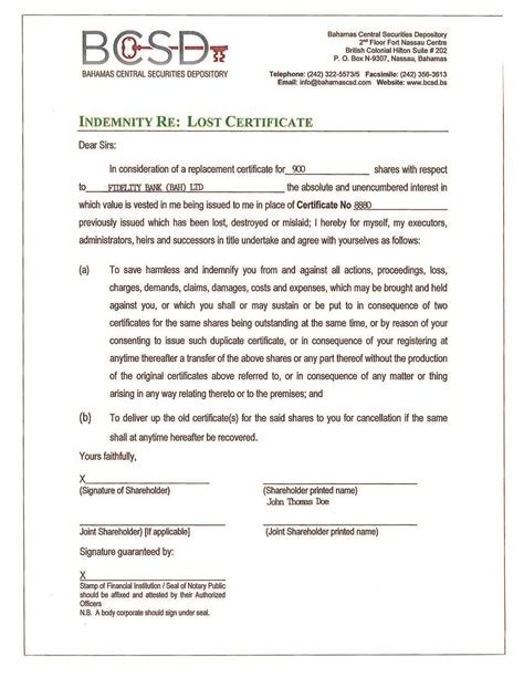 Indemnity Form Lost Certificate Bcsd Bcsd