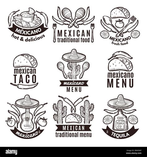 juego de etiquetas con símbolos mexicanos tradicionales emblemas de comida para el menú de