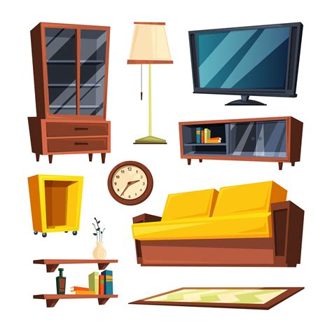Living Room Furniture Items Vector Illustrations In Cartoon Style By