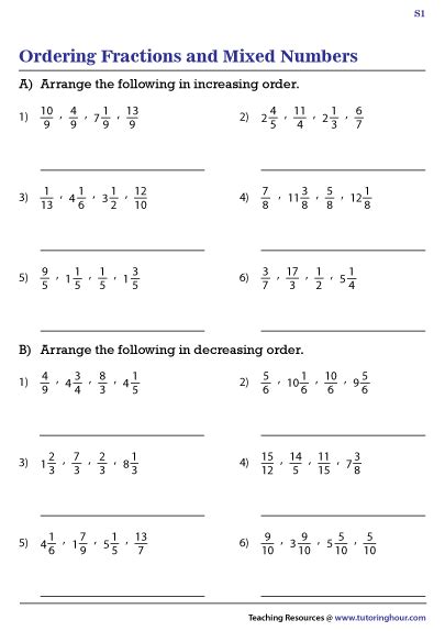 Ordering Fractions And Mixed Numbers From Least To Greatest Worksheet