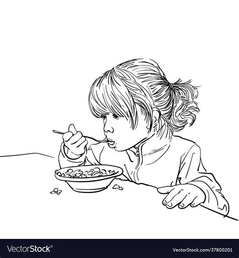 Drawing Cute Little Girl Eating Food From Vector Image