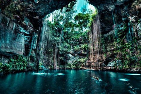 Nature Landscape Cenotes Cave Lake Rock Water Trees