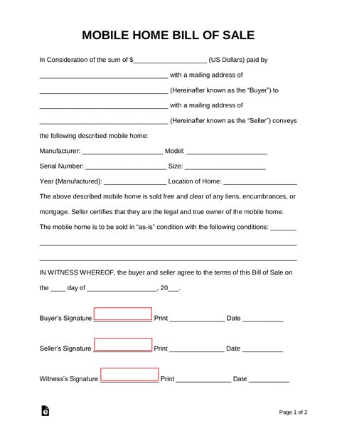 Free Mobile Manufactured Home Bill Of Sale Form Pdf Word Eforms