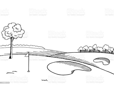 Golf Course Graphic Art Black White Landscape Sketch