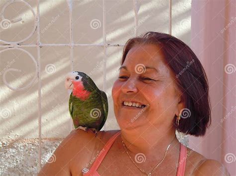Woman With Green Parrot On Shoulder Editorial Stock Image Image Of