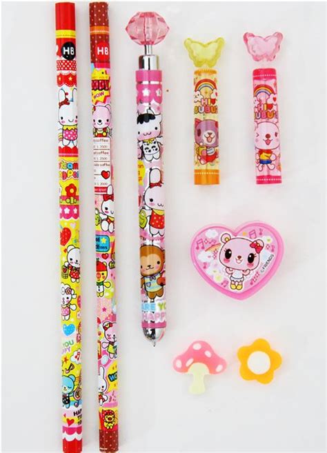 Kawaii Pencil Set Pink Bear Korea 8 Pieces Pens Pencils Stationery