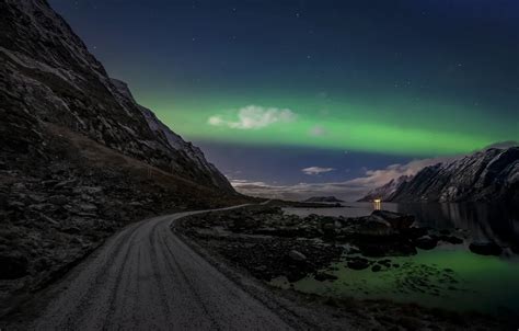 Wallpaper Road The Sky Clouds Night Rocks Northern Lights Norway