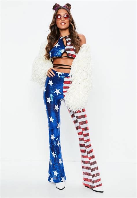 Blue American Flag Sequin Flare Pants Missguided American Flag Clothes Women American Flag