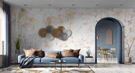 Modern Interior Of Living Room With Blue Sofa Concrete Stucco Wall