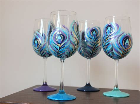 Peacock Wine Glasses Set Of 4 Etsy